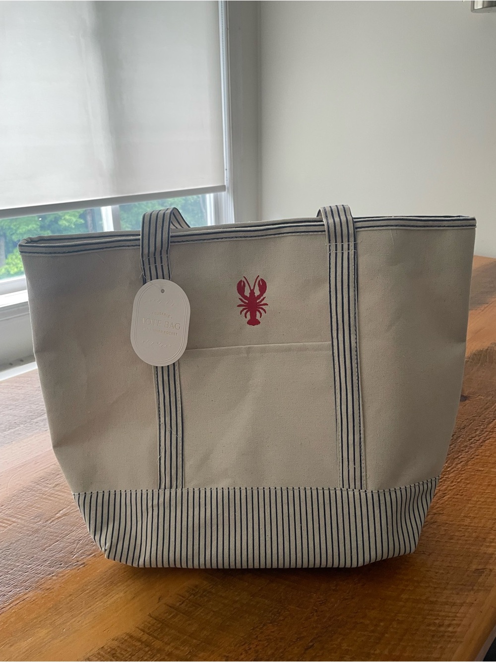 Canvas Lobster Tote Bag in Cream with Navy Trim and Red Lobster